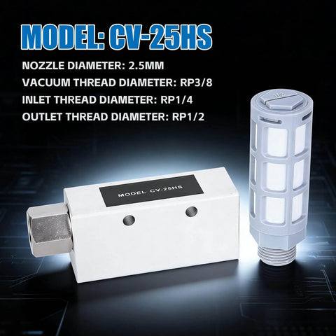 Premium Pneumatic Air Exhaust Vacuum Generator Ejector with Muffler, CV-25HS model, aluminum alloy body, smooth air circulation