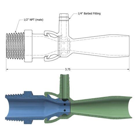 Diagram of Venturi Nozzle for Aquarium Aeration with size dimensions and cutaway view