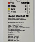 Wiring diagram and specifications for Serial Wombat 4B module, including Vdd, GND, SDA, SCL pins, I2C address, and voltage details.