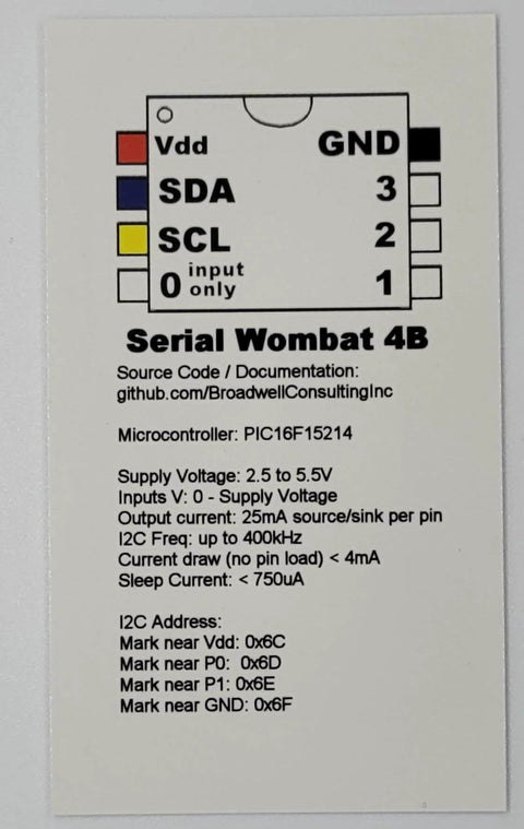 Wiring diagram and specifications for Serial Wombat 4B module, including Vdd, GND, SDA, SCL pins, I2C address, and voltage details.