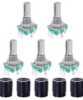 Five Pack 360 Degree Rotary Encoder With Push Button EC11 Code Switch Digital Potentiometer Kit For Arduino, 5 Pin, 20mm Shaft