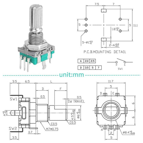 Five Pack 360 Degree Rotary Encoder with Push Button EC11 Code Switch Digital Potentiometer Kit for Arduino, 5 Pin, diagram view