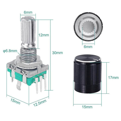 Five Pack 360 Degree Rotary Encoder With Push Button EC11 Code Switch Digital Potentiometer Kit For Arduino with dimensions