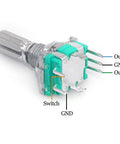 Five Pack 360 Degree Rotary Encoder With Push Button EC11 Code Switch Digital Potentiometer Kit for Arduino, showing pins and switch.