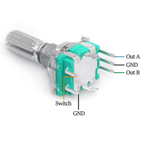 Five Pack 360 Degree Rotary Encoder With Push Button EC11 Code Switch Digital Potentiometer Kit for Arduino, showing pins and switch.
