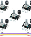 Five Pack 360 Degree Rotary Encoder Modules Set For Arduino Projects With Black Knob Caps KY 040, wires included