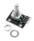 Five Pack 360 Degree Rotary Encoder Modules Set For Arduino Projects With Black Knob Caps KY 040 Compatible, showing module and assembly parts