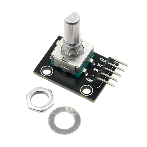 Five Pack 360 Degree Rotary Encoder Modules Set For Arduino Projects With Black Knob Caps KY 040 Compatible, showing module and assembly parts