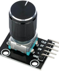 Close-up of KY-040 rotary encoder module with black knob for Arduino projects; part of the Five Pack 360 Degree Rotary Encoder Modules Set.