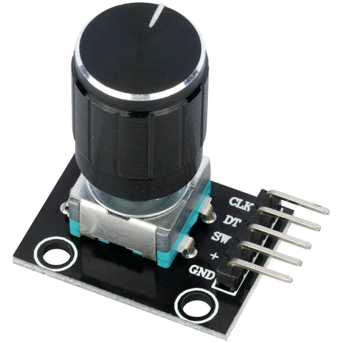 Close-up of KY-040 rotary encoder module with black knob for Arduino projects; part of the Five Pack 360 Degree Rotary Encoder Modules Set.