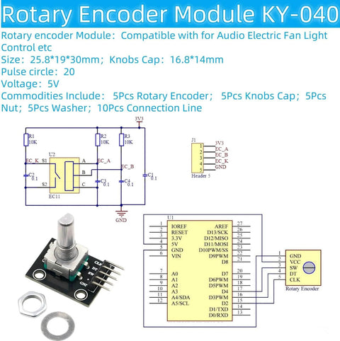 Diagram and details of Five Pack 360 Degree Rotary Encoder Modules Set For Arduino Projects With Black Knob Caps KY 040 Compatible.