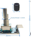 Five Pack 360 Degree Rotary Encoder Modules Set For Arduino Projects With Black Knob Caps KY 040 Compatible, shown with dimensions and jumper wires.