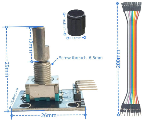 Five Pack 360 Degree Rotary Encoder Modules Set For Arduino Projects With Black Knob Caps KY 040 Compatible, shown with dimensions and jumper wires.