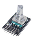 Close-up of 360 degree rotary encoder module from five pack for Arduino, featuring 5V pulse and 20 incremental encoders with sensor switches.