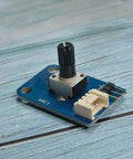 Close-up of 10K Ohm rotary potentiometer module for Arduino with 3 pin and Grove 4 pin interface on blue circuit board.