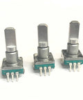 Three EC11 style rotary encoders for audio equipment DIY electronics, 30 position, 15 pulse, for stereo and home audio projects.