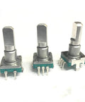 Front view of 3 EC11 rotary encoders showing pins and shafts for 20 Pcs Rotary Encoder Navigation Volume Switch With 30 Position And 15 Pulse EC11E15244G1 Style Replacement Parts For Audio Equipment DIY Electronics Car Stereo And Home Audio Interface Projects