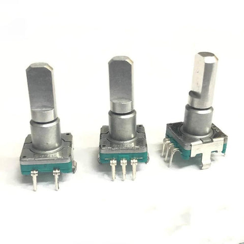 Front view of 3 EC11 rotary encoders showing pins and shafts for 20 Pcs Rotary Encoder Navigation Volume Switch With 30 Position And 15 Pulse EC11E15244G1 Style Replacement Parts For Audio Equipment DIY Electronics Car Stereo And Home Audio Interface Projects