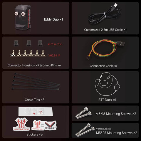 Eddy Duo Auto Bed Leveling Sensor Kit with USB cable, connectors, BTT duck, cable ties, stickers, and mounting screws for 3D printers