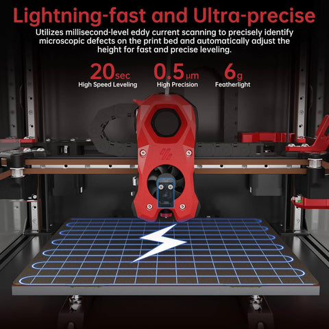 3D printer showcasing Eddy Duo Auto Bed Leveling Sensor for 20-second precision leveling with red components.