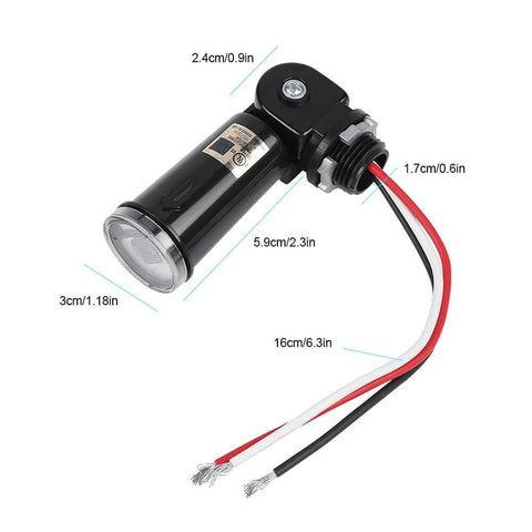 Auto Dusk To Dawn Photoelectric Switch Sensor 120V Photocell for Outdoor Lighting, showing wiring and dimensions.