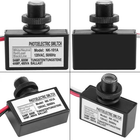 Automatic Photoelectric Switch For Lighting Fixtures, 120VAC Light Sensor Control For Hands Free On Off, multiple views.