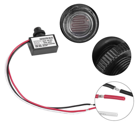 Close up of an Automatic Photoelectric Switch For Lighting Fixtures, 120VAC Light Sensor Control with wires and sensor details.