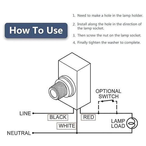 Diagram showing wiring instructions for Automatic Photoelectric Light Switch With 120VAC Sensor Auto On Off Day Night Control.
