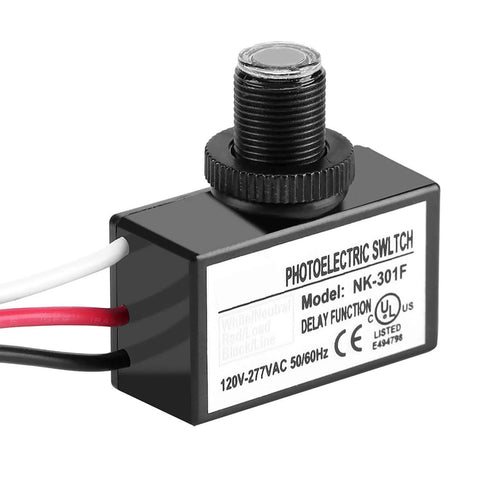 Automatic Photoelectric Sensor Switch for Lighting with Dusk to Dawn, black housing, close-up view showing model and specifications.