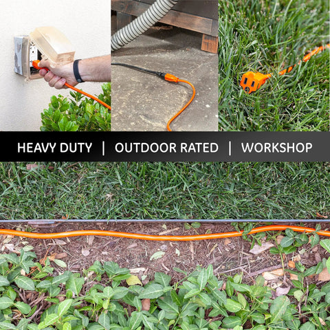 Rugged Outdoor Extension Cord 100 Ft, 16 AWG 125V, UL Listed 3-Prong Power Cable in various outdoor settings