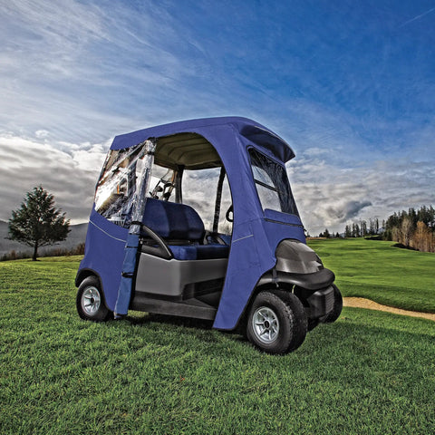 Fairway Long Roof 4-Person Golf Cart Enclosure For Travel With Weatherproof Fabric on golf cart in open field