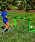 3-Foot Neon Green Insta Soccer Goal Set With Mini Ball And Pump All In One Kids Soccer Goal For Backyard Practice Portable 36x24x24 Inches Easy Quick Set Up Perfect For Toddlers And Beginners with child playing