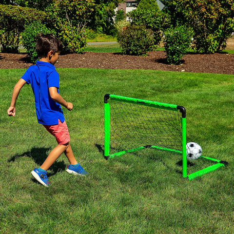 3-Foot Neon Green Insta Soccer Goal Set With Mini Ball And Pump All In One Kids Soccer Goal For Backyard Practice Portable 36x24x24 Inches Easy Quick Set Up Perfect For Toddlers And Beginners with child playing