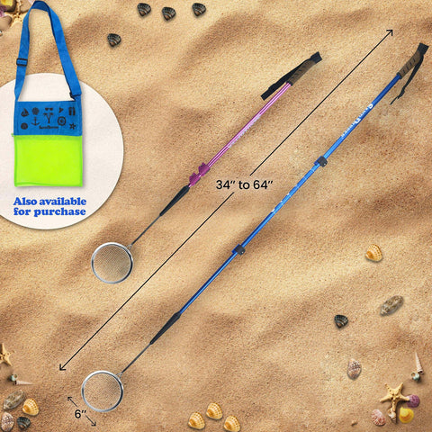 Beach Dipper Sifter Shovel For Beachcombing With 6 Inch Basket and adjustable 34-64 inch pole on sandy background, blue.