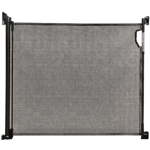 Indoor Outdoor Retractable Mesh Baby Gate With Dual Hardware For Easy Relocation Expands Up To 55 Inches Wide And Stands 33 Inches Tall Ideal For Doorways And Stairs Weather Resistant UV Treated Mesh Black