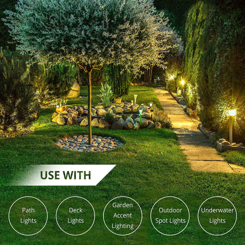 Garden illuminated with 10/2 low voltage landscape wire, 100 ft, pure copper, 2-conductor outdoor direct burial cable for landscape lighting.
