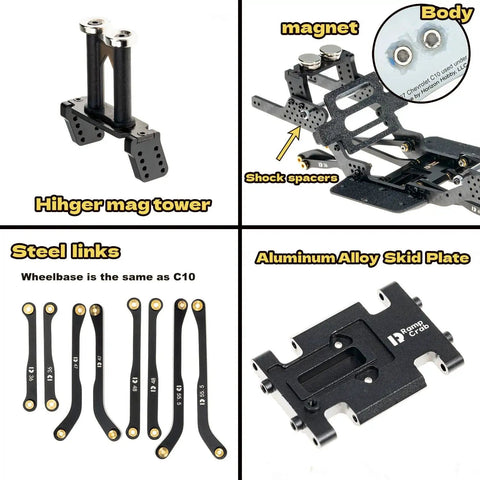 Carbon Fiber LCG Chassis Kit For SCX24 With 7 Degree Angled Skid, Low Center Of Gravity Upgrade showing parts and features.
