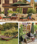 Outdoor patio setting with wicker loungers, umbrella, hammock in garden, and seating area with armchairs.