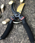 8 Inch Titanium Coated Bypass Pruning Shears For Heavy Duty Garden Pruning Premium SK5 Steel Blade Rust Resistant And Ultra Sharp Ergonomic Non Slip Aluminum Handles For Smooth Cutting against stone background with cut branches.