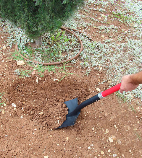 Person using Round Point Digging Shovel With D Handle, 31 Inch Fiberglass Shaft, Pro Grade Comfort Grip Spade for yard work.