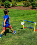Kids Soccer Goal With Ball And Pump 24 By 16 Inch Easy Assemble Insta Set With Quick Fold Corner Joints shown in backyard