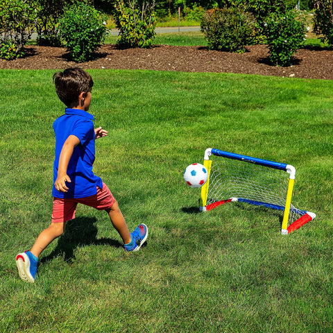 Kids Soccer Goal With Ball And Pump 24 By 16 Inch Easy Assemble Insta Set With Quick Fold Corner Joints shown in backyard