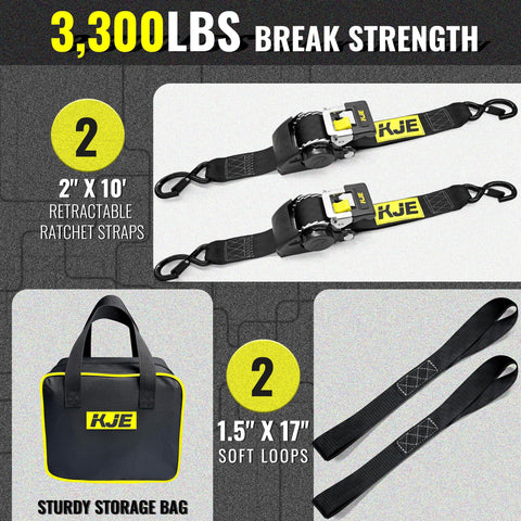 Retractable Ratchet Straps Set 2 Pack 2 Inch By 10 Foot Automatic Tie Down Straps With 2 Soft Loops Heavy Duty 3300 Pound Break Strength S Hook