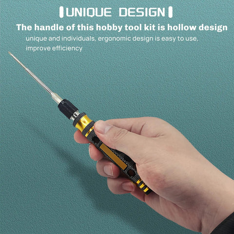 Hand holding a screw driver from the RC Model Repair Tools Kit 4 In 1 With One Quarter Inch Drive And Allen Keys 1.5mm 2.0mm 2.5mm 3.0mm