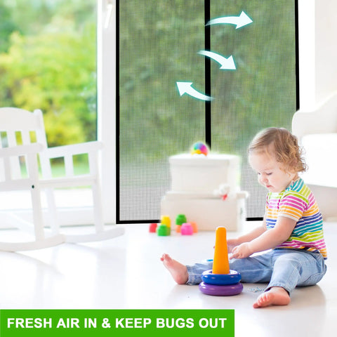Heavy Duty Magnetic Screen Door for 32x80 Openings Fits 34x81 Screen, toddler playing inside near closed screen door