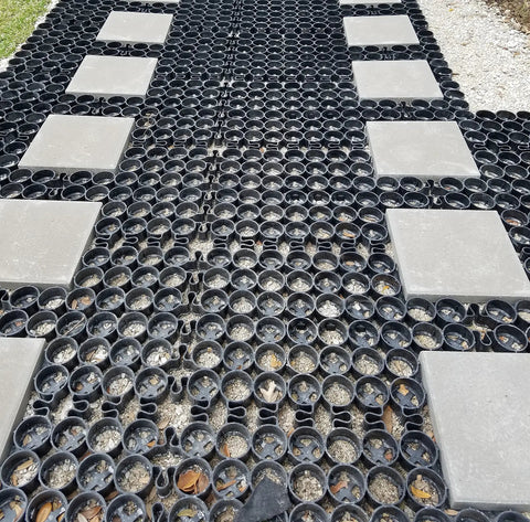 Permeable Paver Grid System For Driveways And Patios, DIY Friendly Deco Pavers installed on pathway, 1.8 inch thick, black HDPE