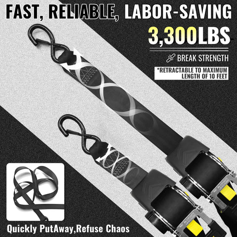 Retractable Ratchet Straps 4 Pack 2 Inch By 10 Foot Heavy Duty Tie Downs with 3300 Lb Break Strength and S Hook Clips
