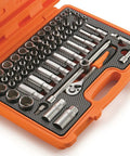 Orange 60 Piece Tool Set 3 8 Inch With Ratchet Locking Lever Two Extensions And Socket Wrench Chrome Vanadium Hand Tools Kit