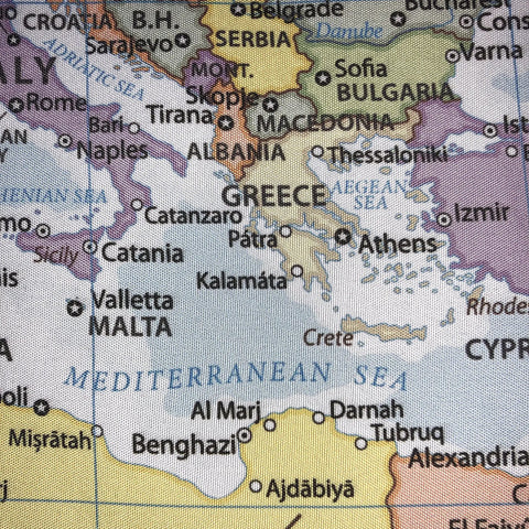 Detailed view of World Map Tapestry Wall Hanging For Kid Friendly Classrooms With Country Flags Educational Geography Wall Art 60x80 Inches Perfect Home School Travel Decor For Kids Room Or Classroom, focusing on the Mediterranean region with countries such as Greece and Italy visible.