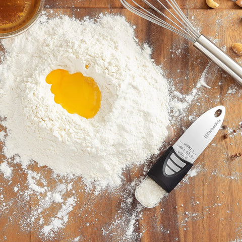 Stainless Steel Pro Sliding Adjustable Teaspoon And Tablespoon Set For Precision Cooking And Baking, Built In Slider For Exact Measurements From 1/8 Teaspoon To 1 Tablespoon, No Guesswork, Durable Kitchen Tools on flour and egg
